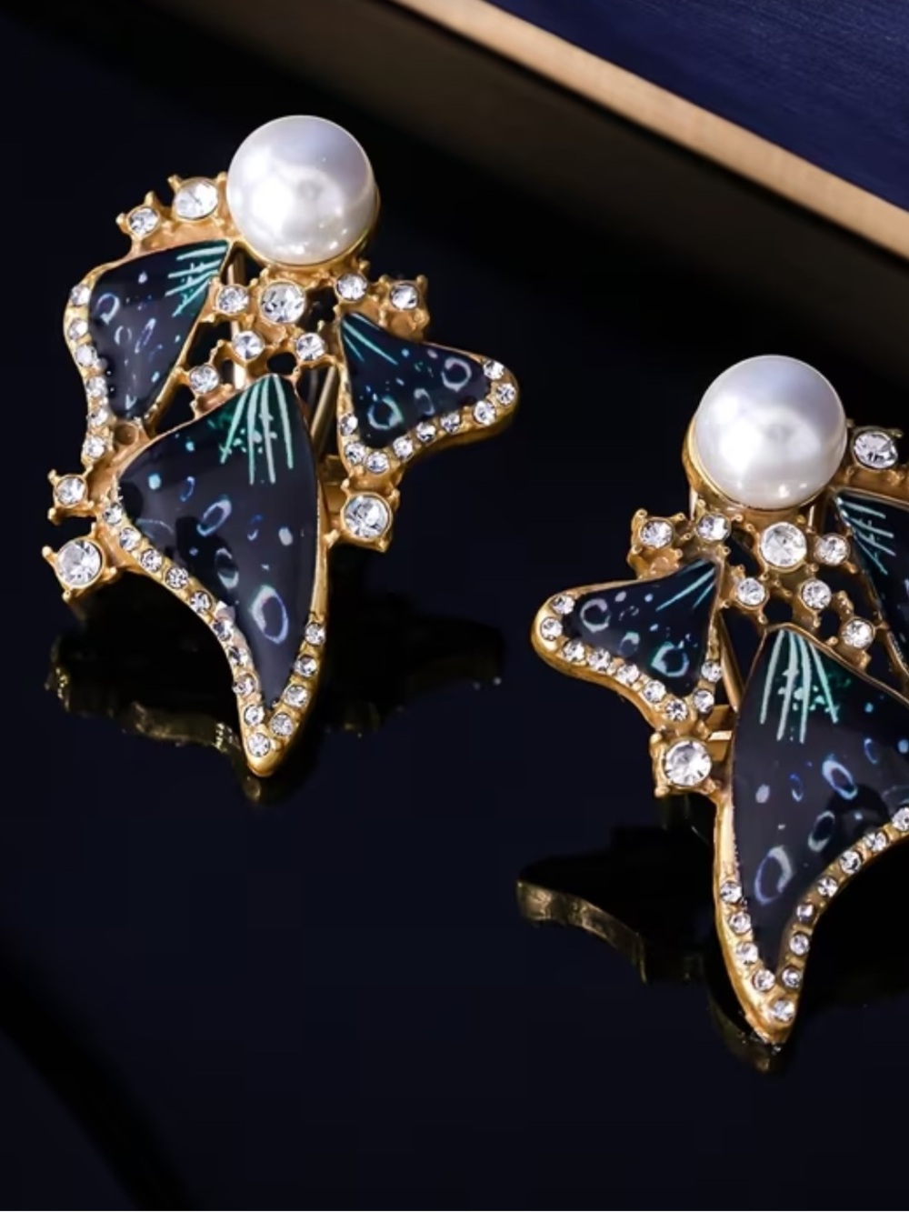 Whimsical Pearl Enamel and Crystal Fishtail Stud Earrings NEW